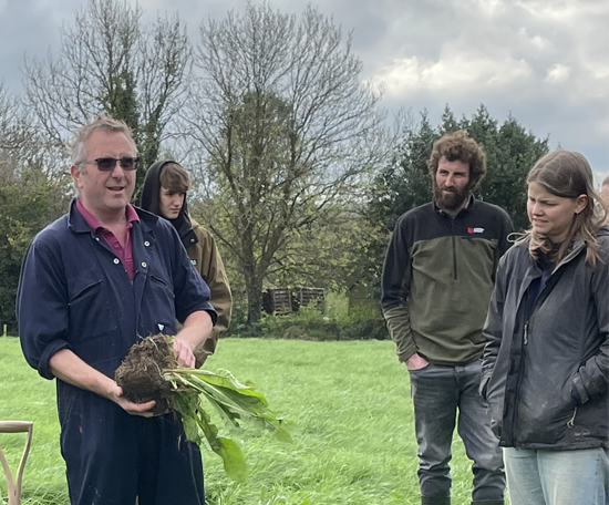 Andrew Brewer holding a forage plant with exposed roots while speaking to a small group in a field.