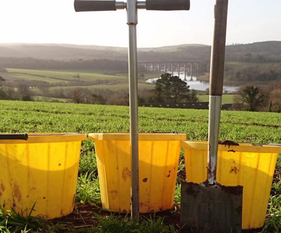 Soil sampling equipment, including buckets, a soil auger and a spade, arranged in a field with farmland visible in the background.